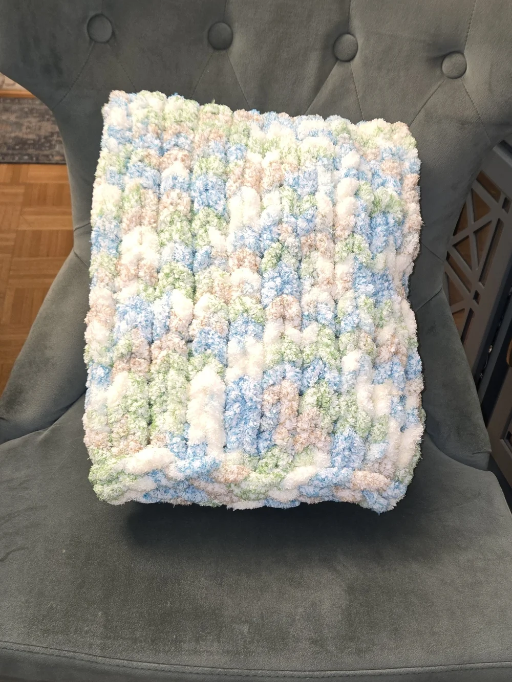 Handmade Chunky Knit Chenille Baby Blanket/Throw - White, Blue, Green, Tan